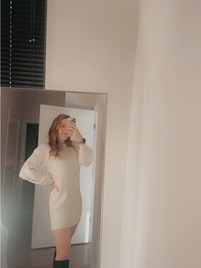 Cozy Ribbed Knit Sweater Dress in Cream